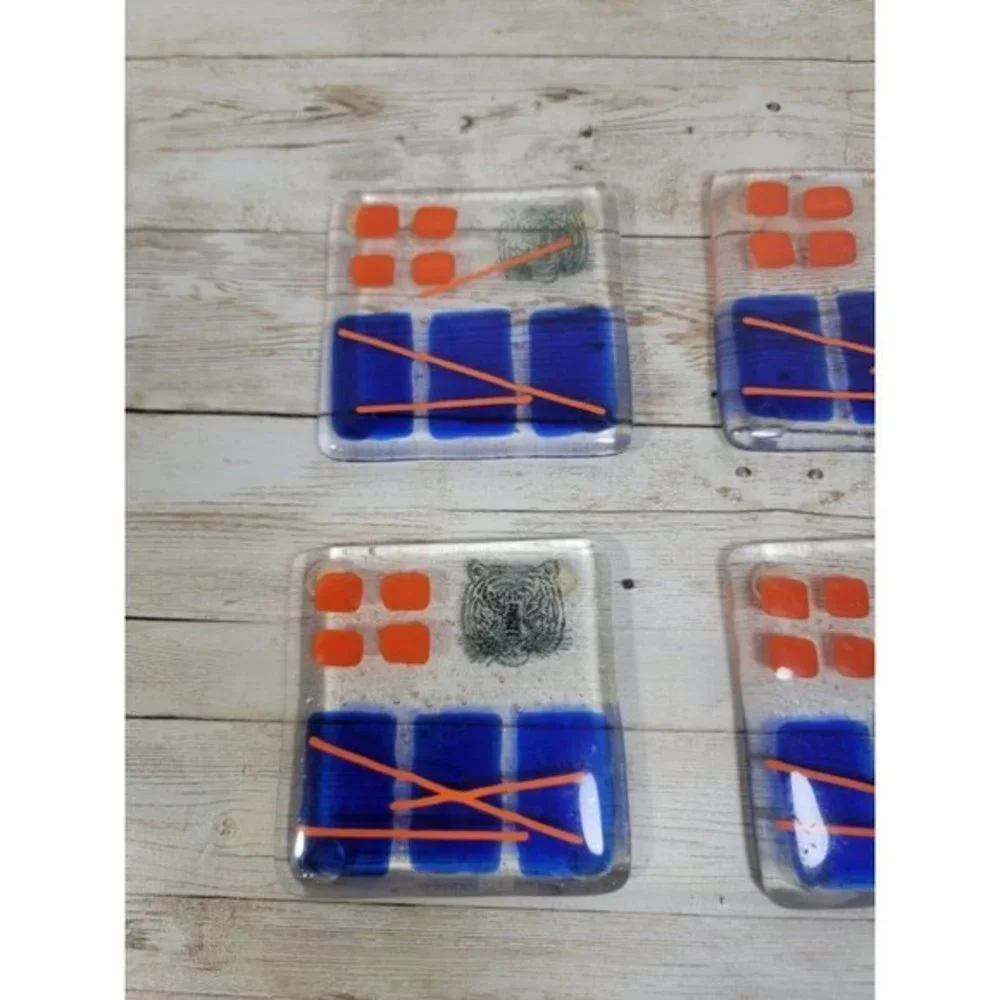 Lot of 7 Art Glass Drink Coasters Orange Blue Geometric‎ Tiger Stamped MCM Pads